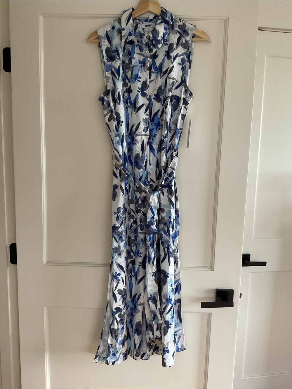 DKNY White Maxi Shirt Dress with Blue Floral Print